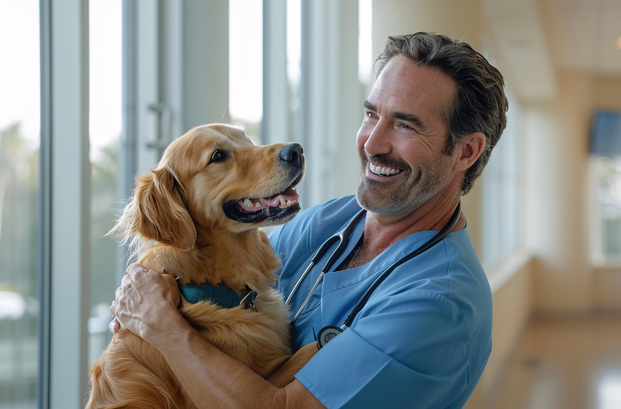veterinarian smiling while hugging a happy golden retriever